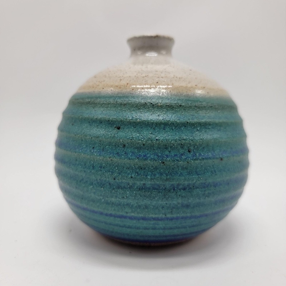 Vtg Pringle Pottery Squat Bud Vase Turquoise North Carolina Studio Art Collectio
